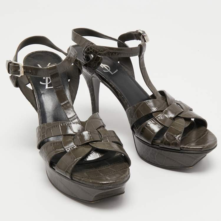 Pre Owned Yves Saint Laurent Dark Green Croc Embossed  Leather Tribute  Sandals Size 38