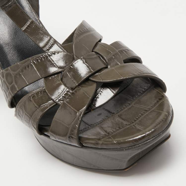 Pre Owned Yves Saint Laurent Dark Green Croc Embossed  Leather Tribute  Sandals Size 38
