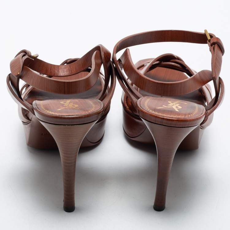 Pre Owned Yves Saint Laurent Brown Leather Tribute Platform Sandals Size 38