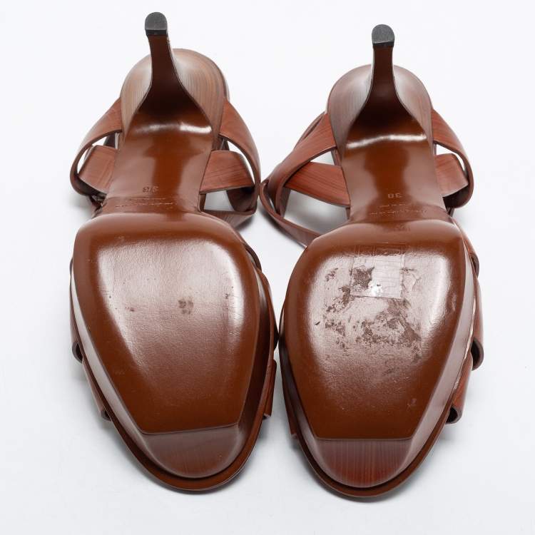 Pre Owned Yves Saint Laurent Brown Leather Tribute Platform Sandals Size 38