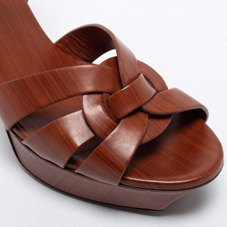 Pre Owned Yves Saint Laurent Brown Leather Tribute Platform Sandals Size 38