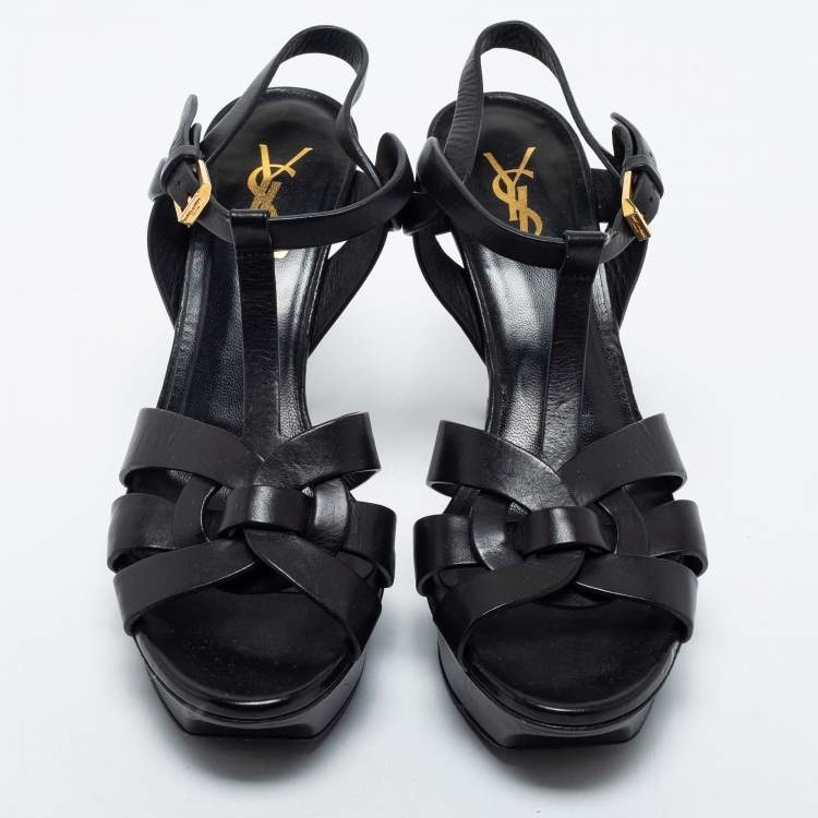 Pre Owned Yves Saint Laurent Black  Leather Tribute Sandals Size 38