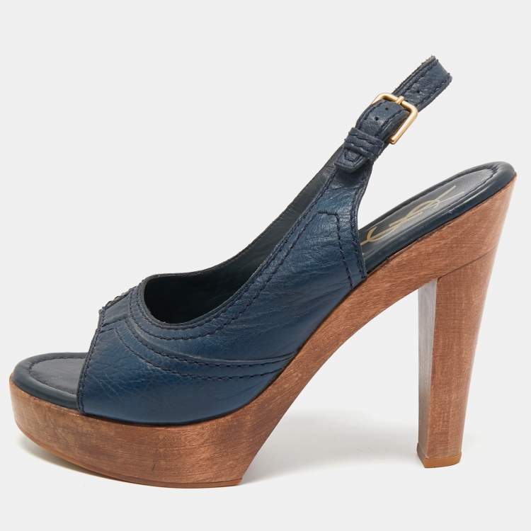 Pre Owned Yves Saint Laurent Blue Leather Slingback Sandals Size 38.5