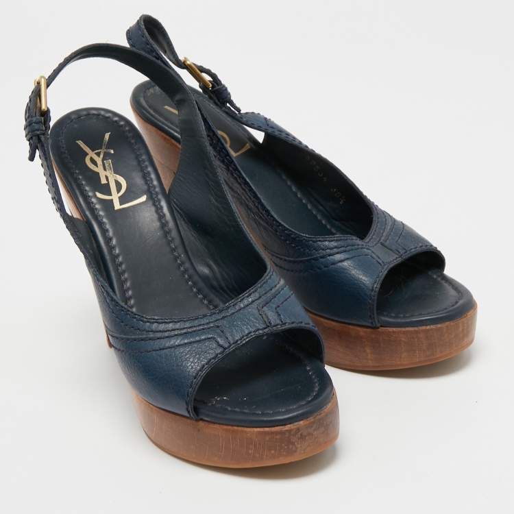 Pre Owned Yves Saint Laurent Blue Leather Slingback Sandals Size 38.5