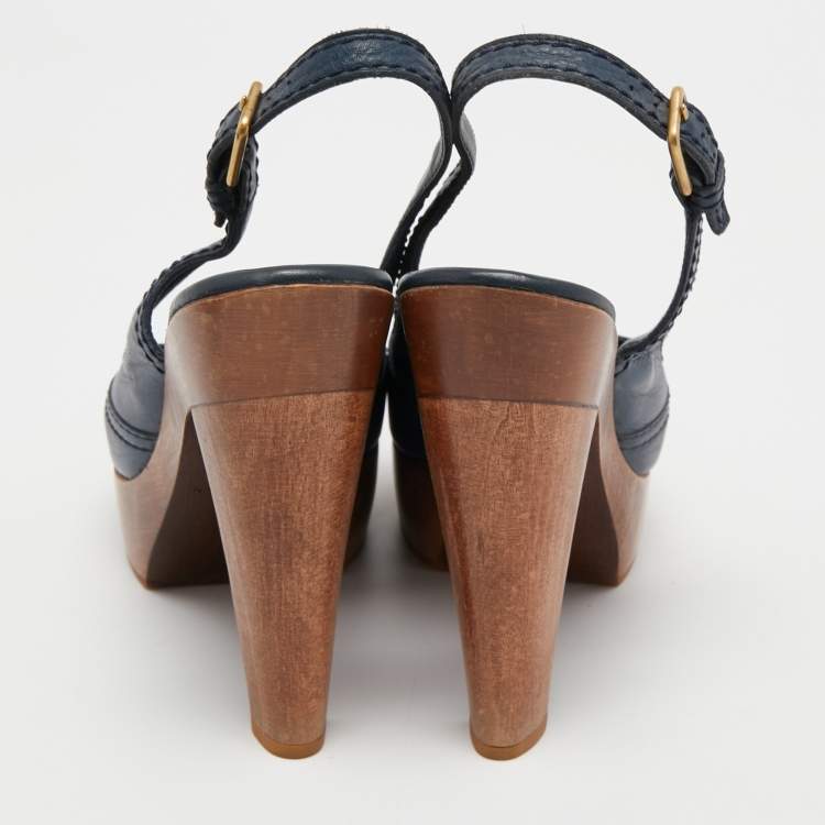 Pre Owned Yves Saint Laurent Blue Leather Slingback Sandals Size 38.5