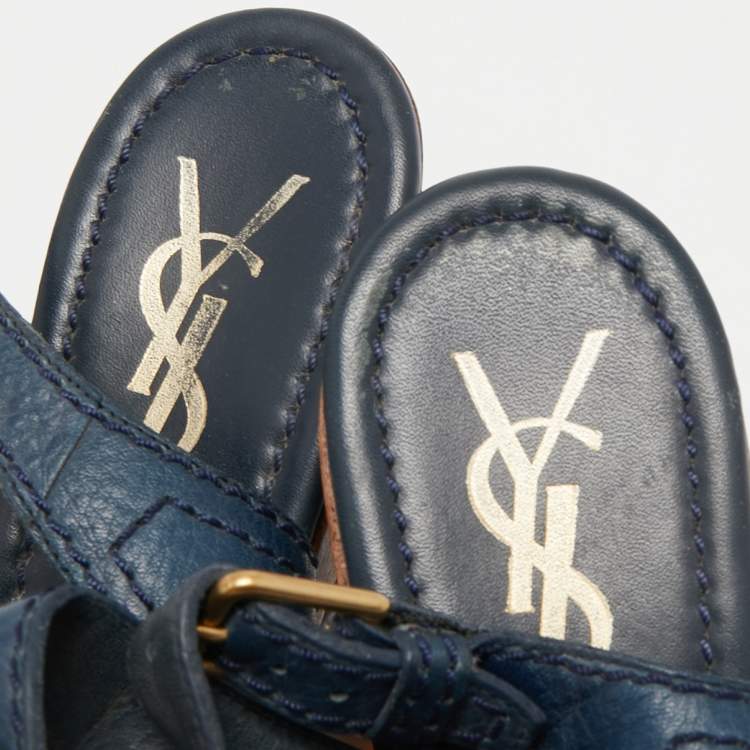 Pre Owned Yves Saint Laurent Blue Leather Slingback Sandals Size 38.5