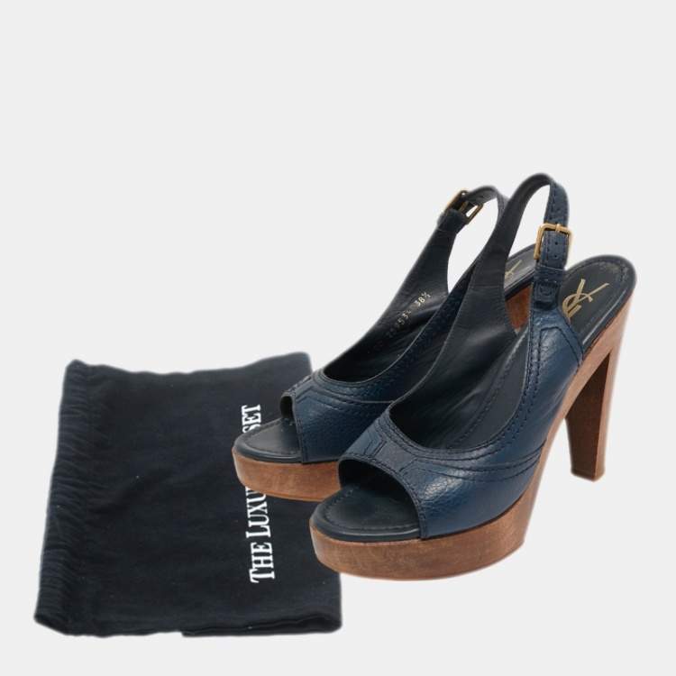 Pre Owned Yves Saint Laurent Blue Leather Slingback Sandals Size 38.5