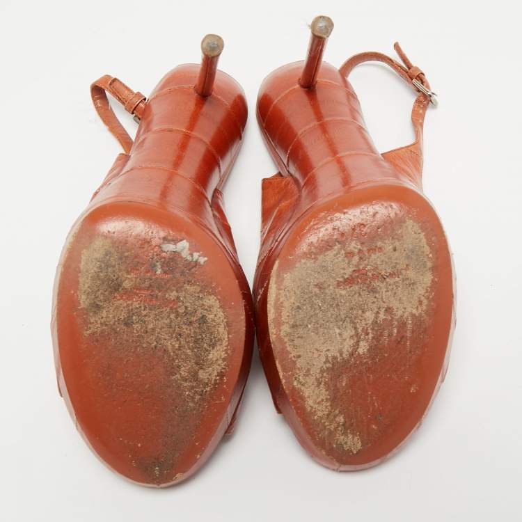 Pre Owned Yves Saint Laurent Orange Eel Leather Slingback Platform Sandals Size 37