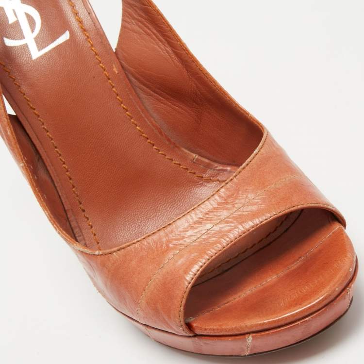 Pre Owned Yves Saint Laurent Orange Eel Leather Slingback Platform Sandals Size 37