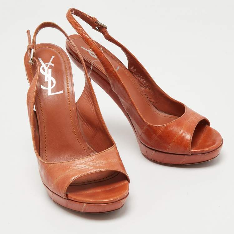 Pre Owned Yves Saint Laurent Orange Eel Leather Slingback Platform Sandals Size 37
