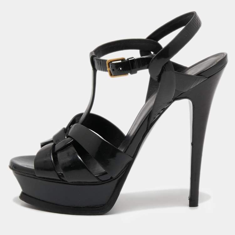 Pre Owned Yves Saint Laurent Black Patent Leather Tribute Sandals Size 36.5