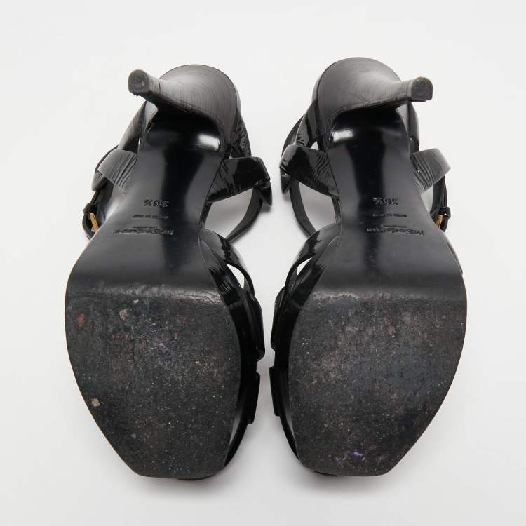 Pre Owned Yves Saint Laurent Black Patent Leather Tribute Sandals Size 36.5