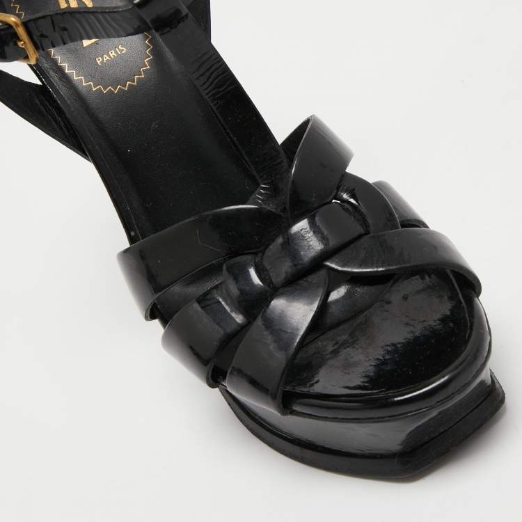 Pre Owned Yves Saint Laurent Black Patent Leather Tribute Sandals Size 36.5