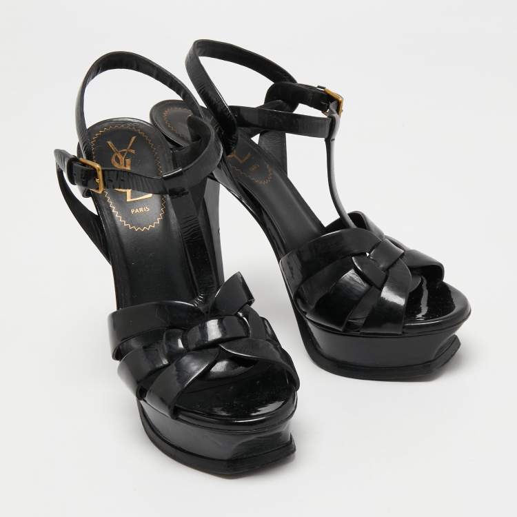Pre Owned Yves Saint Laurent Black Patent Leather Tribute Sandals Size 36.5