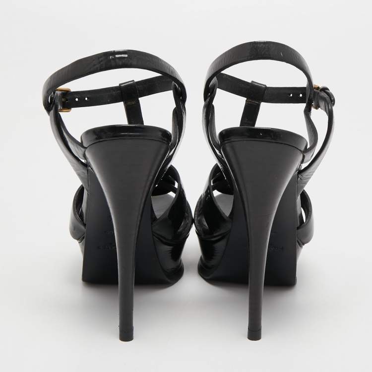 Pre Owned Yves Saint Laurent Black Patent Leather Tribute Sandals Size 36.5