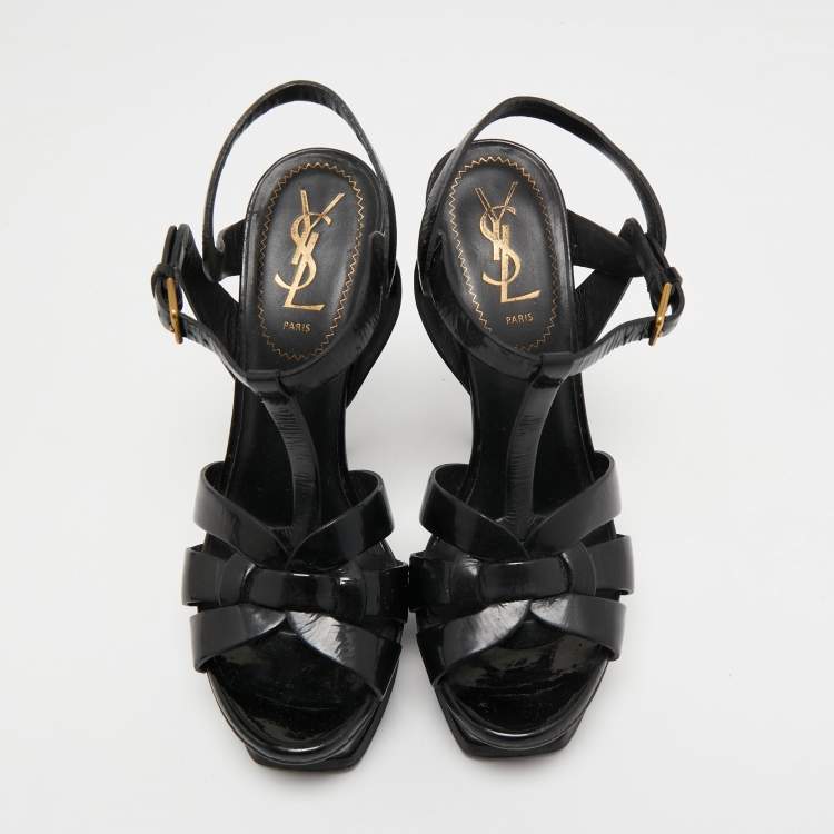 Pre Owned Yves Saint Laurent Black Patent Leather Tribute Sandals Size 36.5