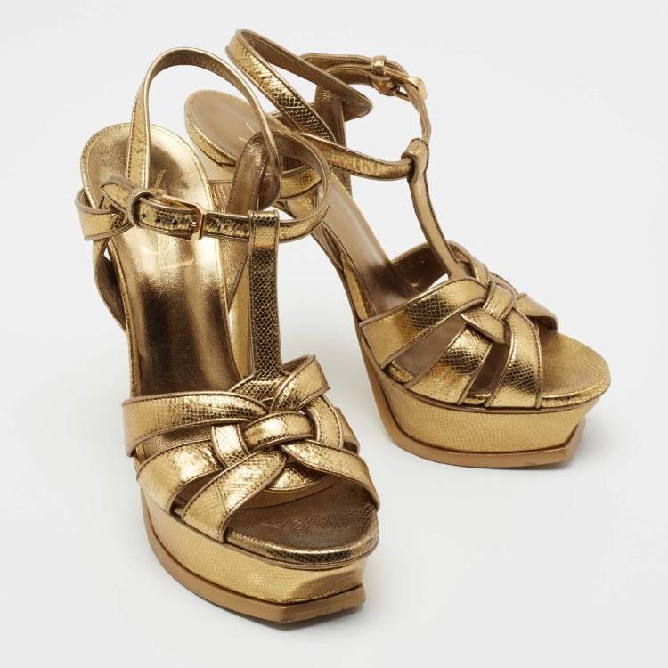 Pre Owned Yves Saint Laurent Gold Leather Tribute Platform Sandals Size 36