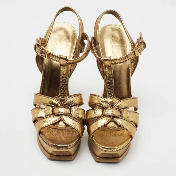 Pre Owned Yves Saint Laurent Gold Leather Tribute Platform Sandals Size 36