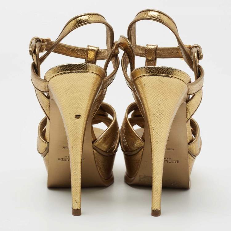 Pre Owned Yves Saint Laurent Gold Leather Tribute Platform Sandals Size 36
