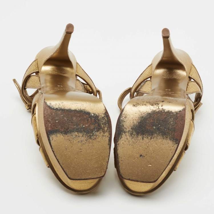 Pre Owned Yves Saint Laurent Gold Leather Tribute Platform Sandals Size 36