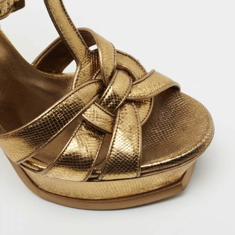 Pre Owned Yves Saint Laurent Gold Leather Tribute Platform Sandals Size 36