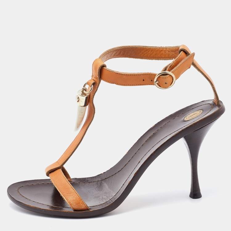 Pre Owned Yves Saint Laurent Brown Leather T Strap Sandals Size 36.5