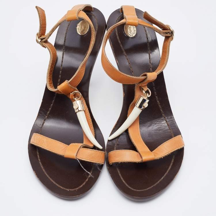 Pre Owned Yves Saint Laurent Brown Leather T Strap Sandals Size 36.5
