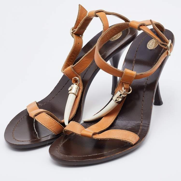 Pre Owned Yves Saint Laurent Brown Leather T Strap Sandals Size 36.5