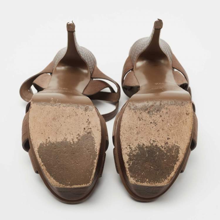 Pre Owned Yves Saint Laurent Brown Lizard Embossed Leather Tribute  Sandals Size 39.5