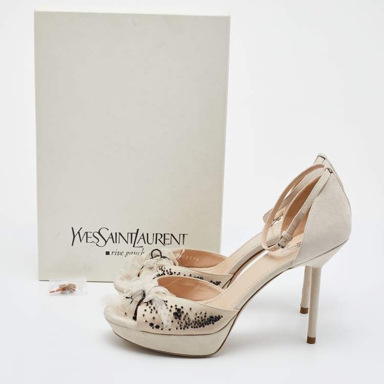 Pre Owned Yves Saint Laurent Off White Suede and Fabric Ankle Strap Platform Sandals Size 40