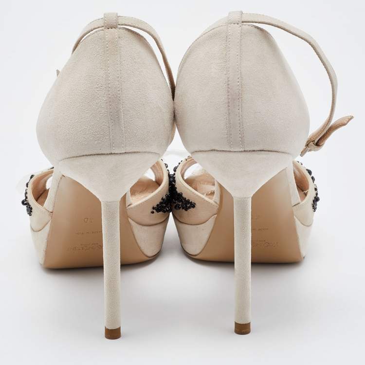 Pre Owned Yves Saint Laurent Off White Suede and Fabric Ankle Strap Platform Sandals Size 40