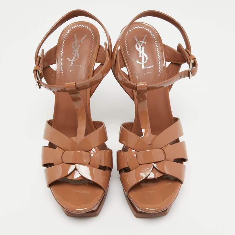 Pre Owned Yves Saint Laurent Brown Patent Leather Tribute Sandals Size 39