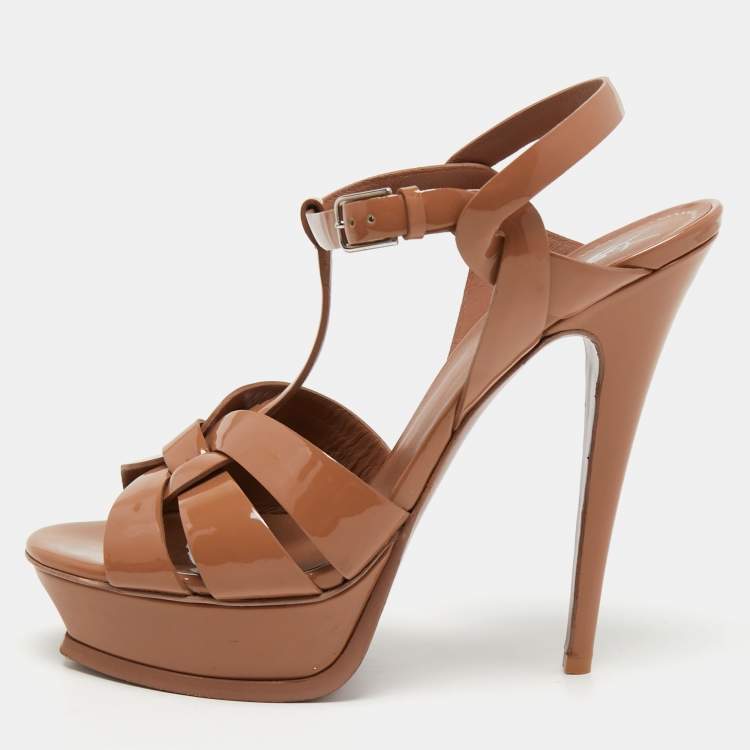 Pre Owned Yves Saint Laurent Brown Patent Leather Tribute Sandals Size 39