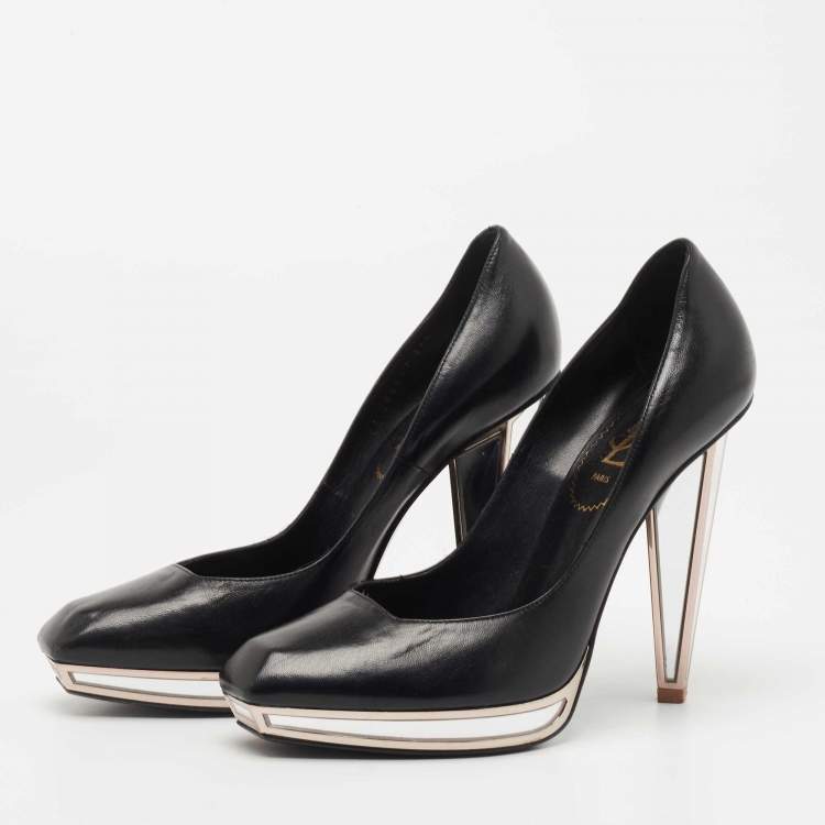 Pre Owned Yves Saint Laurent Black Leather Mirror Heel Platform Pumps Size 37.5
