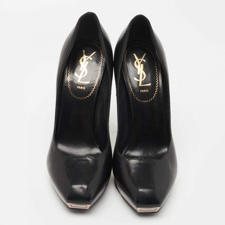 Pre Owned Yves Saint Laurent Black Leather Mirror Heel Platform Pumps Size 37.5