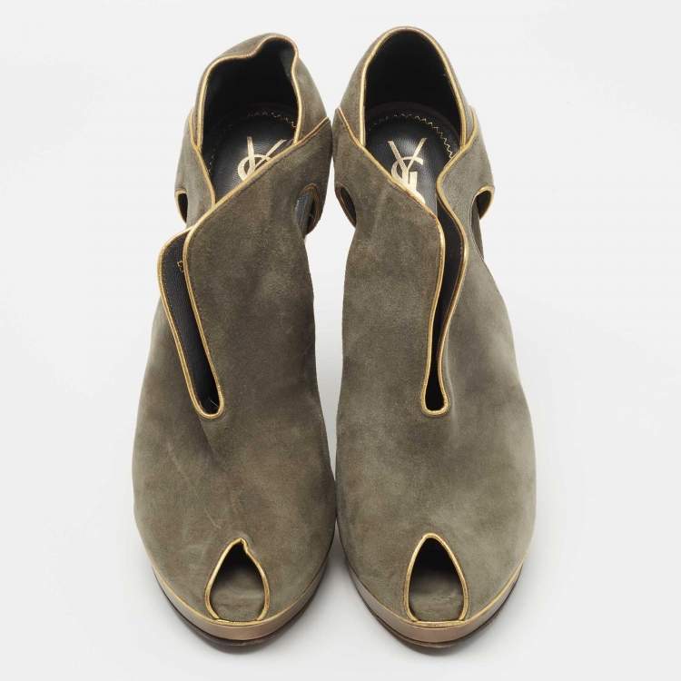 Pre Owned Yves Saint Laurent Grey/Gold Suede and Leather Peep Toe Wedge Pumps Size 38