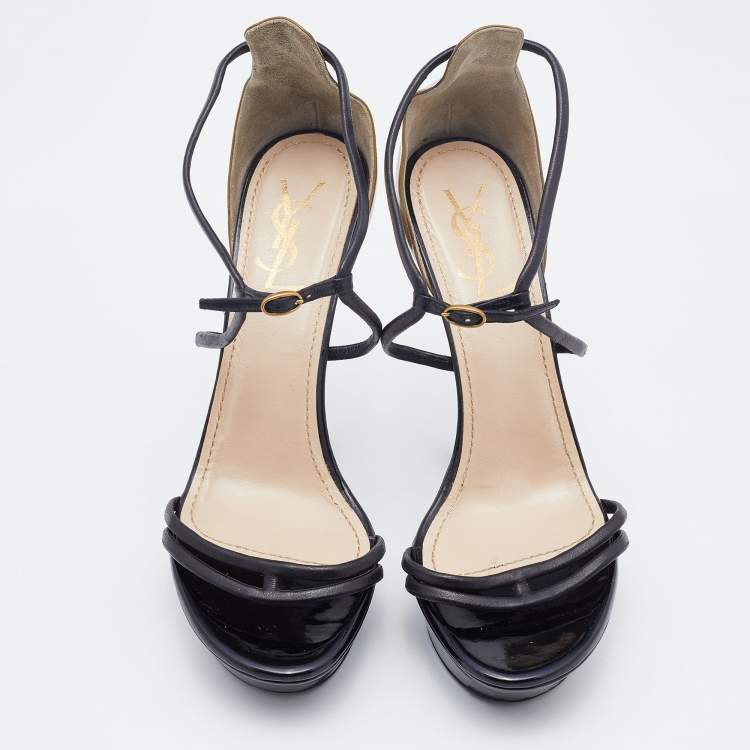 Pre Owned Yves Saint Laurent Black/Olive Green Patent and Leather Platform Ankle Strap Sandals Size 39
