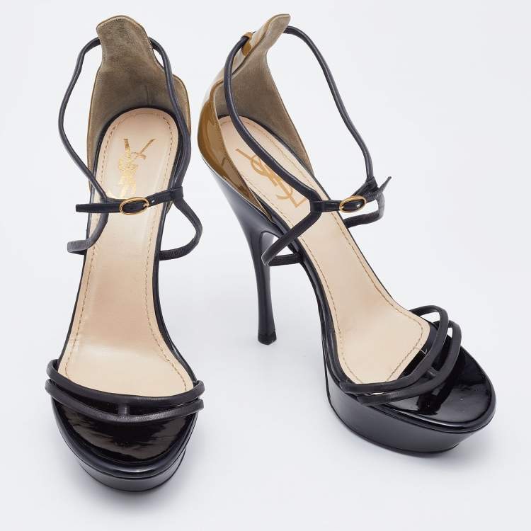 Pre Owned Yves Saint Laurent Black/Olive Green Patent and Leather Platform Ankle Strap Sandals Size 39