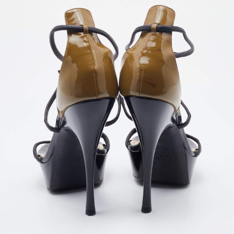 Pre Owned Yves Saint Laurent Black/Olive Green Patent and Leather Platform Ankle Strap Sandals Size 39