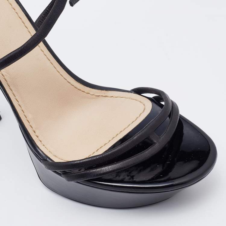 Pre Owned Yves Saint Laurent Black/Olive Green Patent and Leather Platform Ankle Strap Sandals Size 39