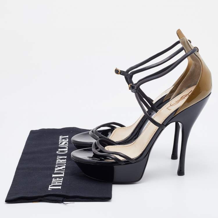 Pre Owned Yves Saint Laurent Black/Olive Green Patent and Leather Platform Ankle Strap Sandals Size 39