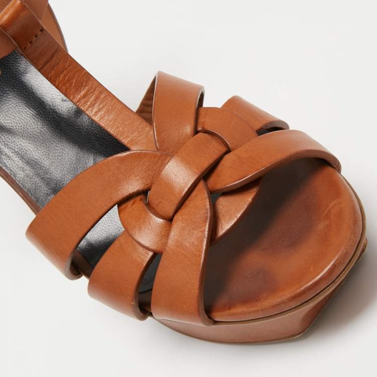 Pre Owned Yves Saint Laurent Brown Leather Tribute Sandals Size 38