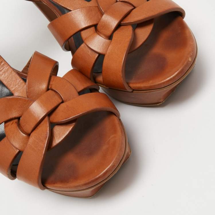 Pre Owned Yves Saint Laurent Brown Leather Tribute Sandals Size 38