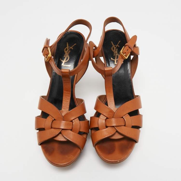 Pre Owned Yves Saint Laurent Brown Leather Tribute Sandals Size 38