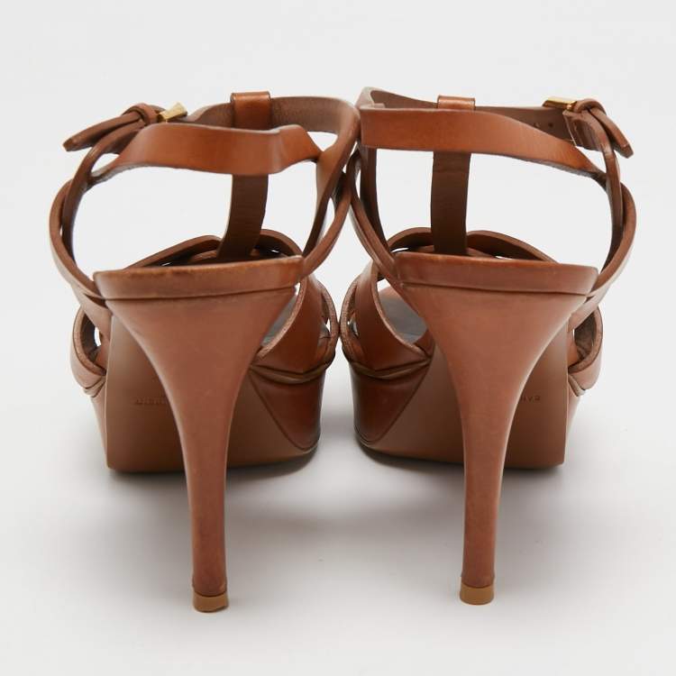 Pre Owned Yves Saint Laurent Brown Leather Tribute Sandals Size 38