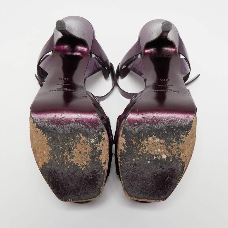 مملوكة مسبقًا Yves Saint Laurent Metallic Purple Leather Tribute Sandals Size 38.5