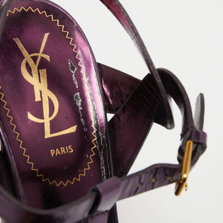 مملوكة مسبقًا Yves Saint Laurent Metallic Purple Leather Tribute Sandals Size 38.5