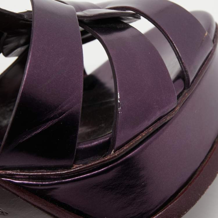 مملوكة مسبقًا Yves Saint Laurent Metallic Purple Leather Tribute Sandals Size 38.5