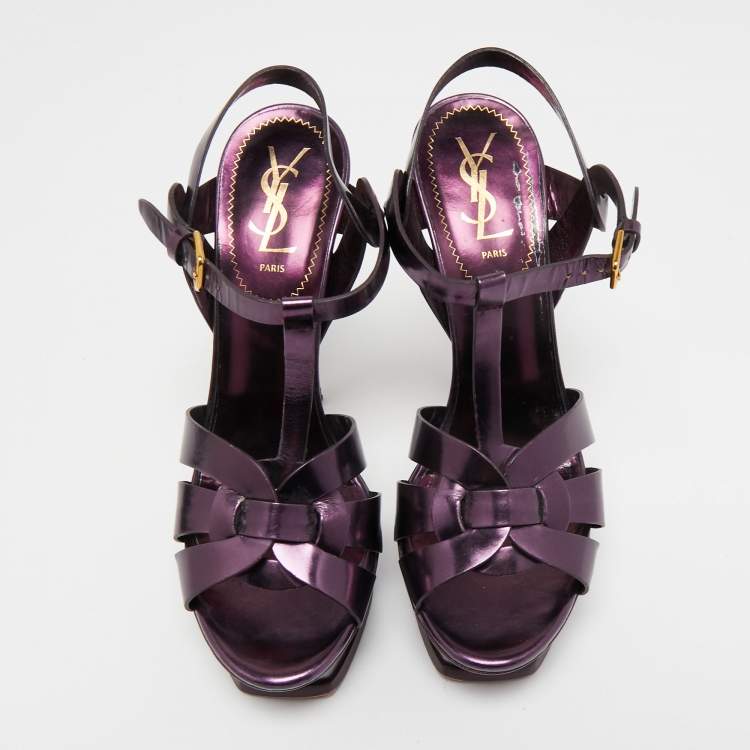 مملوكة مسبقًا Yves Saint Laurent Metallic Purple Leather Tribute Sandals Size 38.5