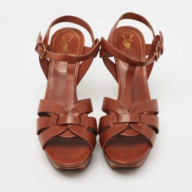 Pre Owned Yves Saint Laurent Brown Leather Tribute Sandals Size 38